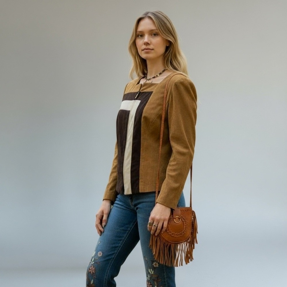KORET Women's Faux Suede‎ Color Block Blazer Jacket Brown Tan Zip Front 10P